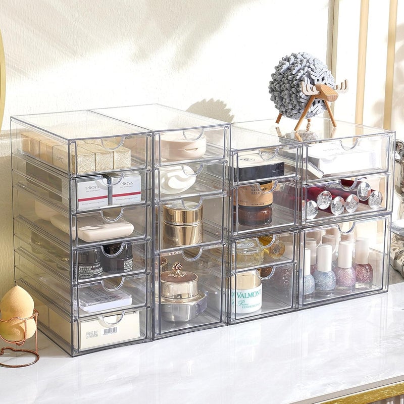 Prsildan Acrylic Drawer Organizer with 17 Drawers, Craft Office Desk Makeup Organizers Accessories, Set of 4 Clear Stackable Storage Drawers for Vanity, Countertop, Jewelry, Art Supply Organization - Image 2